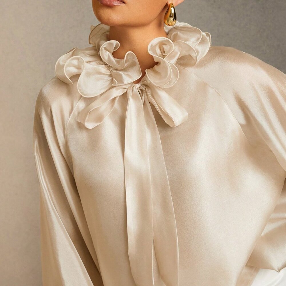 Champagne Cream Elegant Women's Sophisticated Satin Blouse - Picture 2 of 5